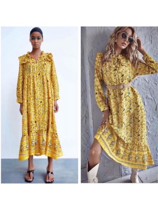 Zara Dresses & Skirts - Zara Yellow Floral Ruffle-Neck Maxi Dress Size XS